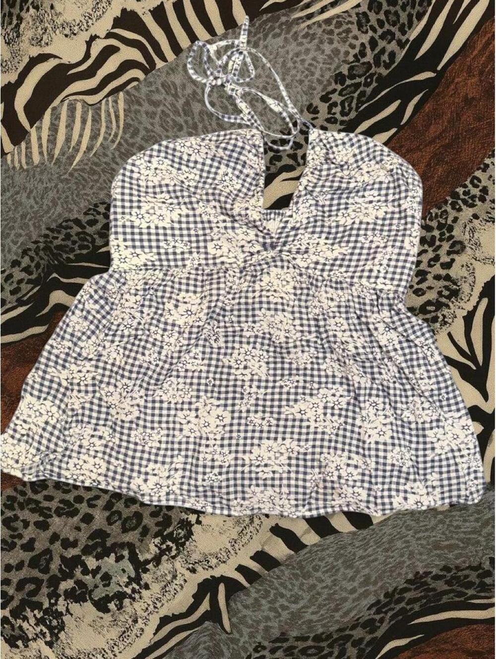 American Eagle white and blue gingham halter top